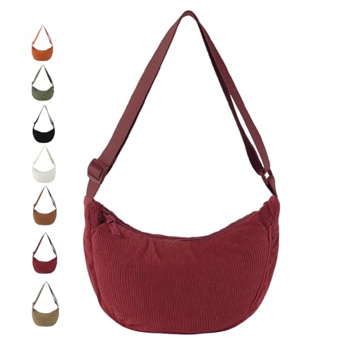 JENCVNL Damen Halbmond Tasche Nylon Crossbody Bag Damen Crossbody Moon Bag Crossbody Bag Halbmond Schultertasche mit verstellbarer Schultergurt (Burgund-Cord) von JENCVNL