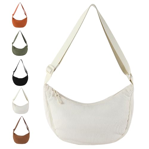 JENCVNL Damen Halbmond Tasche Nylon Crossbody Bag Damen Crossbody Moon Bag Crossbody Bag Halbmond Schultertasche mit verstellbarer Schultergurt (Cremefarben-Cord) von JENCVNL