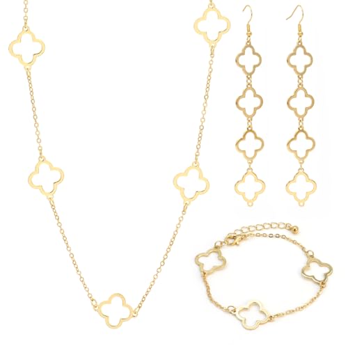 JENCVNL Gold Vierblättriges Kleeblatt Schmuckset für Damen Mädchen, Vierblättriges Kleeblatt Halskette Armband Ohrringe Vierblättriges Glücksklee Schmuckset Geschenke für Frauen Mädchen (Gold-1) von JENCVNL