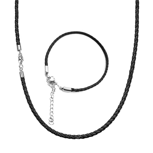 JENCVNL Kunstleder Halskette Armband, 3mm geflochten Lederkette schwarz Lederband Halskette mit Edelstahl Verschluss für Herren Damen, Länge 46/51/56/61cm(Schwarz-3mm, 61cm) von JENCVNL