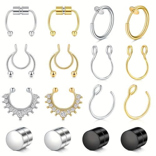JENCVNL Nasenringe Edelstahl Nasenpiercing Hoop Fake Nase Lippe Ring Set Piercing Clicker Ring Edelstahl Septum Ring Nasenring Fake Plugs Ohrringe Herren Männer (Silber+Gold) von JENCVNL