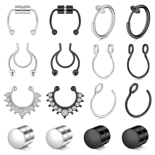 JENCVNL Nasenringe Edelstahl Nasenpiercing Hoop Fake Nase Lippe Ring Set Piercing Clicker Ring Edelstahl Septum Ring Nasenring Fake Plugs Ohrringe Herren Männer (Silber+Schwarz) von JENCVNL
