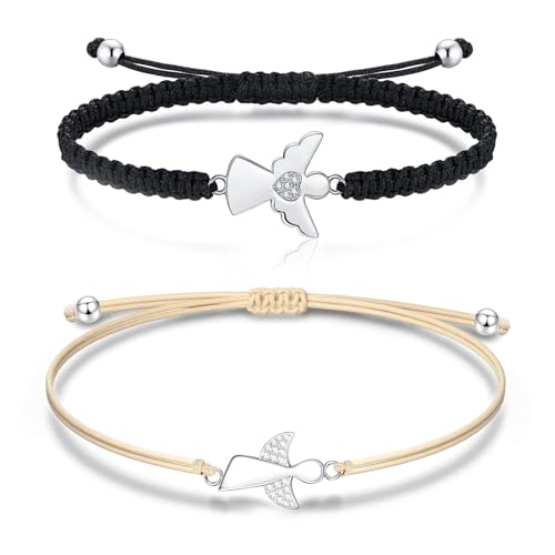 JENCVNL Schutzengel Armband Damen Silber 2 Stück Verstellbares Schutzengel Armband Handgefertigtes Glücksbringer Armband Freundschaftsband für Frauen Mädchen Beste Freunde (Schwarz+Beige) von JENCVNL