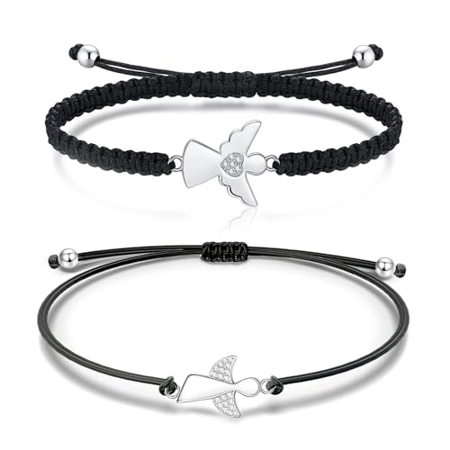 JENCVNL Schutzengel Armband Damen Silber 2 Stück Verstellbares Schutzengel Armband Handgefertigtes Glücksbringer Armband Freundschaftsband für Frauen Mädchen Beste Freunde (Schwarz+Schwarz) von JENCVNL