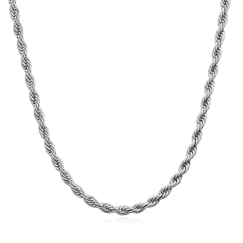 JENCVNL Verdrehte Kette Herren Damen, 2/3/4mm Edelstahl Kordelkette Seilkette Silberkette Rope Kette Halskette für Mann Fraun, Länge 46/51/56/61/66cm (Silber-2mm, 51) von JENCVNL