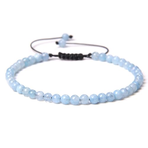JENCVNL Naturstein Armband 4mm Echtes Naturstein Armband Damen Verstellbar Perlenarmbänder Edelsteinarmband Edelstein Armbänder für Damen Frauen (Aquamarin) von JENCVNL