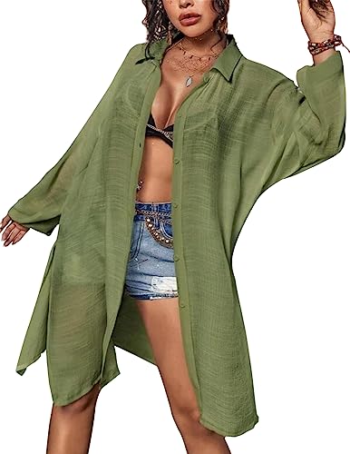 JENJON Damen Bluse Bikini Cover Up Strandkleid Sommer Langarm Beach Shirt Strandponcho Outwear Grün One Size von JENJON