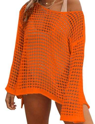 JENJON Damen Gestrickte Strandkleid Bikini Cover Up Sommer Mini Cutout Crochet Pareos Kleid Strandponcho A-Orange Einheitsgröße von JENJON