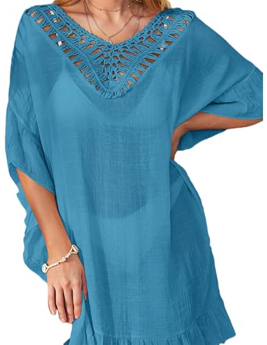 JENJON Damen Gestrickte Strandkleid Bikini Cover Up Sommer Mini Cutout Crochet Pareos Kleid Strandponcho C-Blau Einheitsgröße von JENJON