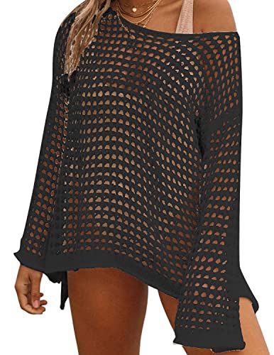 JENJON Damen Gestrickte Strandkleid Bikini Cover Up Sommer Mini Cutout Crochet Pareos Kleid Strandponcho Schwarz Einheitsgröße A-Schwarz Einheitsgröße von JENJON