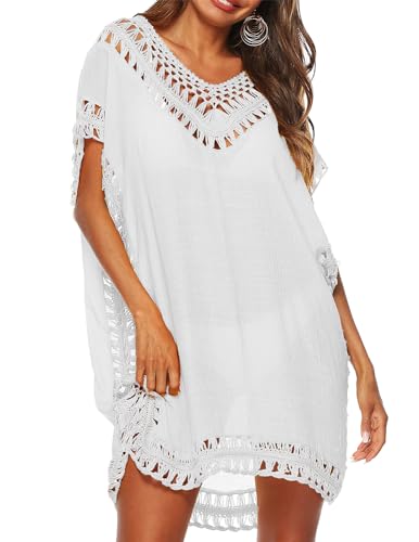 JENJON Damen Gestrickte Strandkleid Bikini Cover Up V-Ausschnitt Sommer Mini Cutout Crochet Pareos Kleid Strandponcho B-Weiß Einheitsgröße JENJON Damen Gestrickte Strandkleid Bikini Cover Up V-Ausschnitt Sommer Mini Cutout Crochet Pareos Kleid Strandponcho B-Weiß Einheitsgröße von JENJON