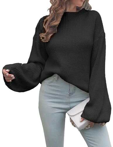 JENJON Damen Halb-Rollkragenpullover Laternenärmel Langarm Lockerer Strickpullover mit Abgesenkten Schultern Top Herbst Winter Schwarz M von JENJON