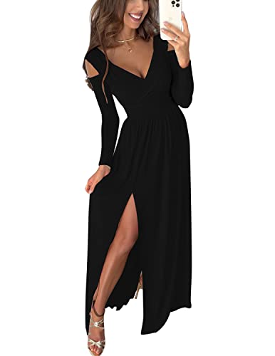 JENJON Damen Kleid Elegant Off Shoulder Langarm V-Ausschnit Tunika Maxikleider Casual Hohe Taille Saumschlitz Cocktailkleid Schwarz S von JENJON