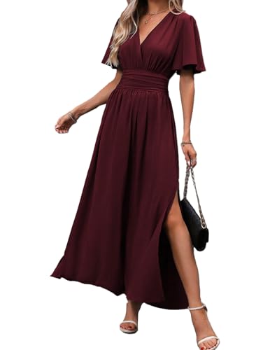 JENJON Damen Kleid Kurzarm V-Ausschnit Tunika Maxi Einfarbig Casual Hohe Taille Freizeitkleid Frühling Sommer von JENJON