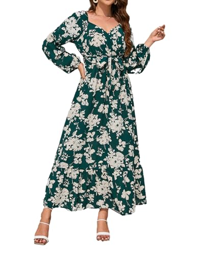 JENJON Damen Kleid Langarm Boho Blumen V-Ausschnitt Laternenärmel Hohe Taille Elegante Tunika Maxi Freizeitkleid Grün M von JENJON