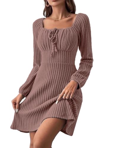 JENJON Damen Kleid Langarm Quadratischer Ausschnitt Tunika Minikleid Elegante A-Linien Strickkleid Hoher Taille Freizeitkleid Herbst Winter von JENJON