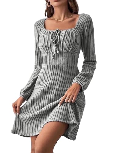 JENJON Damen Kleid Langarm Quadratischer Ausschnitt Tunika Minikleid Elegante A-Linien Strickkleid Hoher Taille Freizeitkleid Herbst Winter von JENJON