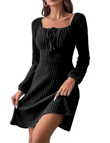 JENJON Damen Kleid Langarm Quadratischer Ausschnitt Tunika Minikleid Elegante A-Linien Strickkleid Hoher Taille Freizeitkleid Herbst Winter von JENJON