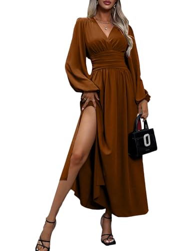 JENJON Damen Kleid Langarm V-Ausschnit Tunika Maxi Einfarbig Casual Hohe Taille Freizeitkleid Herbst Winter von JENJON