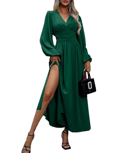JENJON Damen Kleid Langarm V-Ausschnit Tunika Maxi Einfarbig Casual Hohe Taille Freizeitkleid Herbst Winter von JENJON