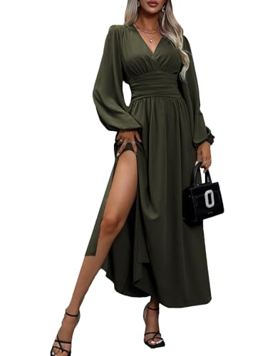 JENJON Damen Kleid Langarm V-Ausschnit Tunika Maxi Einfarbig Casual Hohe Taille Freizeitkleid Herbst Winter von JENJON