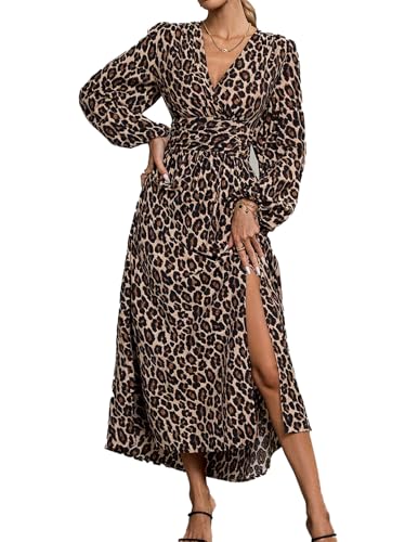 JENJON Damen Kleid Langarm V-Ausschnit Tunika Maxi Einfarbig Casual Hohe Taille Freizeitkleid Herbst Winter von JENJON
