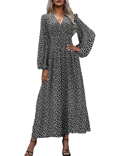 JENJON Damen Kleid Langarm V-Ausschnit Tunika Maxi Einfarbig Casual Hohe Taille Freizeitkleid Herbst Winter von JENJON