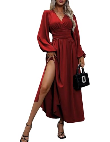 JENJON Damen Kleid Langarm V-Ausschnit Tunika Maxi Einfarbig Casual Hohe Taille Freizeitkleid Herbst Winter von JENJON