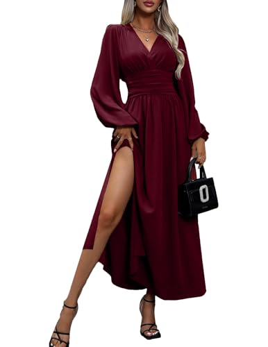 JENJON Damen Kleid Langarm V-Ausschnit Tunika Maxi Einfarbig Casual Hohe Taille Freizeitkleid Herbst Winter von JENJON
