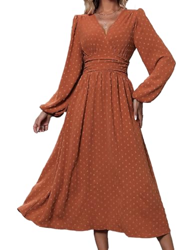 JENJON Damen Kleid Langarm V-Ausschnit Tunika Maxi Einfarbig Polka Dots Casual Hohe Taille Freizeitkleid Herbst Winter von JENJON