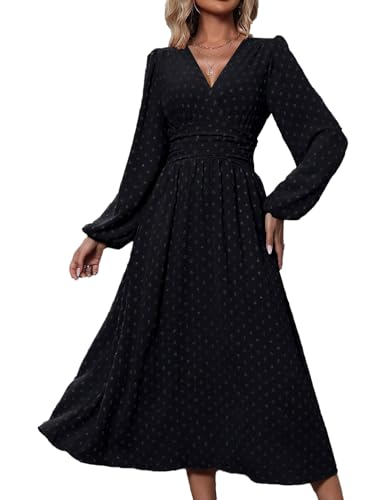 JENJON Damen Kleid Langarm V-Ausschnit Tunika Maxi Einfarbig Polka Dots Casual Hohe Taille Freizeitkleid Herbst Winter von JENJON