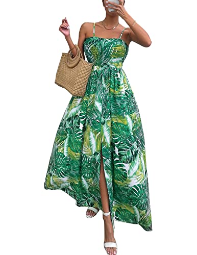 JENJON Damen Kleid Sommer Tropical Print Gesmoktes Shirred Split Thigh Cami Kleid Casual Maxi Boho Rohrchenkleider Grün L von JENJON