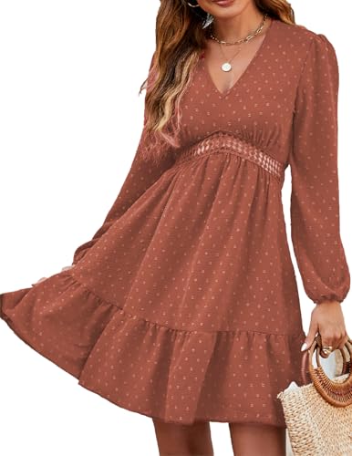 JENJON Damen Kleid V Ausschnitt Elegante Polka Dots Hohe Taille Lange Ärmel Casual A-Linie Freizeitkleid Herbst Winter C-Braun M JENJON Damen Kleid V Ausschnitt Elegante Polka Dots Hohe Taille Lange Ärmel Casual A-Linie Freizeitkleid Herbst Winter C-Braun M von JENJON