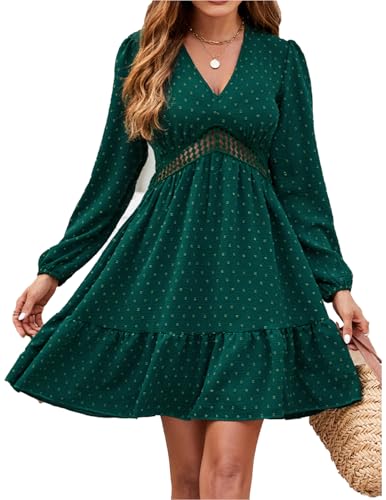 JENJON Damen Kleid V Ausschnitt Elegante Polka Dots Hohe Taille Lange Ärmel Casual A-Linie Freizeitkleid Herbst Winter C-Grün XL von JENJON