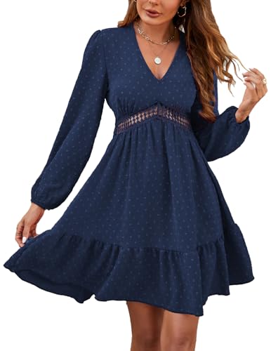 JENJON Damen Kleid V Ausschnitt Elegante Polka Dots Hohe Taille Lange Ärmel Casual A-Linie Freizeitkleid Herbst Winter C-Navy Blau XXL von JENJON