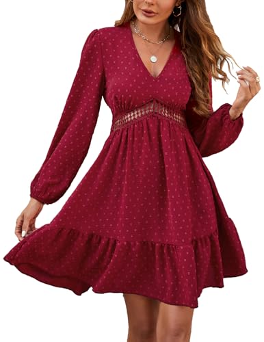 JENJON Damen Kleid V Ausschnitt Elegante Polka Dots Hohe Taille Lange Ärmel Casual A-Linie Freizeitkleid Herbst Winter C-Rotwein L von JENJON