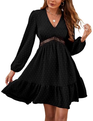 JENJON Damen Kleid V Ausschnitt Elegante Polka Dots Hohe Taille Lange Ärmel Casual A-Linie Freizeitkleid Herbst Winter C-Schwarz L von JENJON