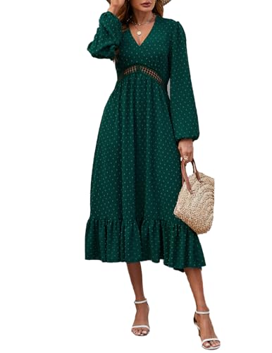 JENJON Damen Kleid V Ausschnitt Elegante Polka Dots Hohe Taille Lange Ärmel Casual A-Linie Freizeitkleid Herbst Winter D-Grün S von JENJON