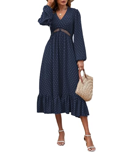 JENJON Damen Kleid V Ausschnitt Elegante Polka Dots Hohe Taille Lange Ärmel Casual A-Linie Freizeitkleid Herbst Winter D-Navy Blau M von JENJON