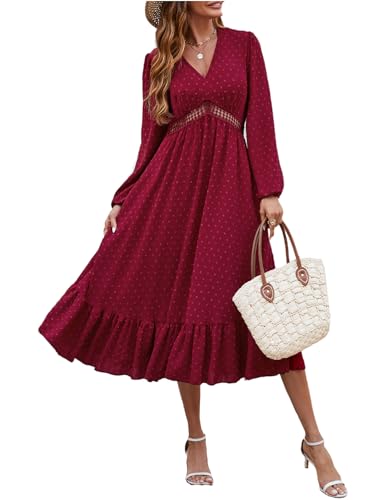 JENJON Damen Kleid V Ausschnitt Elegante Polka Dots Hohe Taille Lange Ärmel Casual A-Linie Freizeitkleid Herbst Winter D-Rotwein L von JENJON