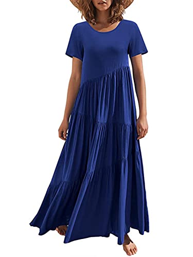 JENJON Damen Kleider Kurzarm Lang Boho Maxi Rundhals Lose Freizeit Sommerkleid mit Asymmetrischem Saum Strandkleid Blau XL von JENJON