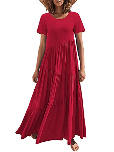 JENJON Damen Kleider Kurzarm Lang Boho Maxi Rundhals Lose Freizeit Sommerkleid mit Asymmetrischem Saum Strandkleid Rot L von JENJON