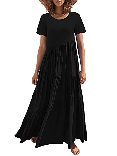 JENJON Damen Kleider Kurzarm Lang Boho Maxi Rundhals Lose Freizeit Sommerkleid mit Asymmetrischem Saum Strandkleid Schwarz S von JENJON