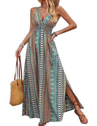 JENJON Damen Lang Kleid Ärmelloses Tiefer V-Ausschnit Tunika Hohe Taille Freizeit Kleid Boho Ethno Stil Geteilter Saum Strandkleider Sommer von JENJON