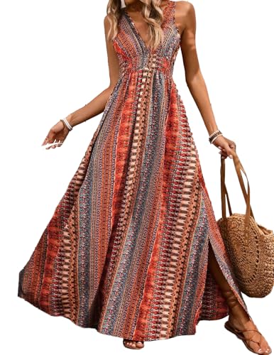 JENJON Damen Lang Kleid Ärmelloses Tiefer V-Ausschnit Tunika Hohe Taille Freizeit Kleid Boho Ethno Stil Geteilter Saum Strandkleider Sommer JENJON Damen Lang Kleid Ärmelloses Tiefer V-Ausschnit Tunika Hohe Taille Freizeit Kleid Boho Ethno Stil Geteilter Saum Strandkleider Sommer von JENJON