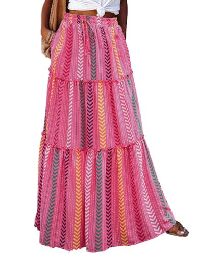 JENJON Damen Lang Rock Blumen Elastische Taille Bohemien Maxirock Vintage Strand Freizeitrock mit Tasche von JENJON