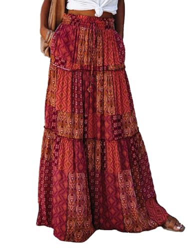 JENJON Damen Lang Rock Blumen Elastische Taille Bohemien Maxirock Vintage Strand Freizeitrock mit Tasche von JENJON