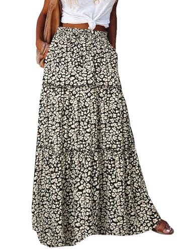 JENJON Damen Lang Rock Blumen Elastische Taille Bohemien Maxirock Vintage Strand Freizeitrock mit Tasche von JENJON