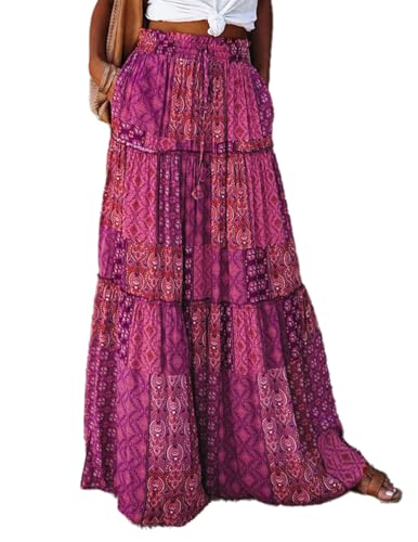 JENJON Damen Lang Rock Blumen Elastische Taille Bohemien Maxirock Vintage Strand Freizeitrock mit Tasche von JENJON