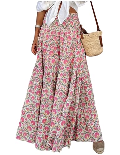 JENJON Damen Rock Lang Gedruckter Casual Hohe Elastische Taille Boho Blumen Ärmellos RohrchenSommerrock Strandkleider A-Rosa M von JENJON